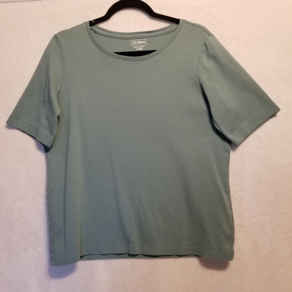 LL Bean L Top T Shirt Sage Green 100% Cotton Boxy Classic Basic Natural